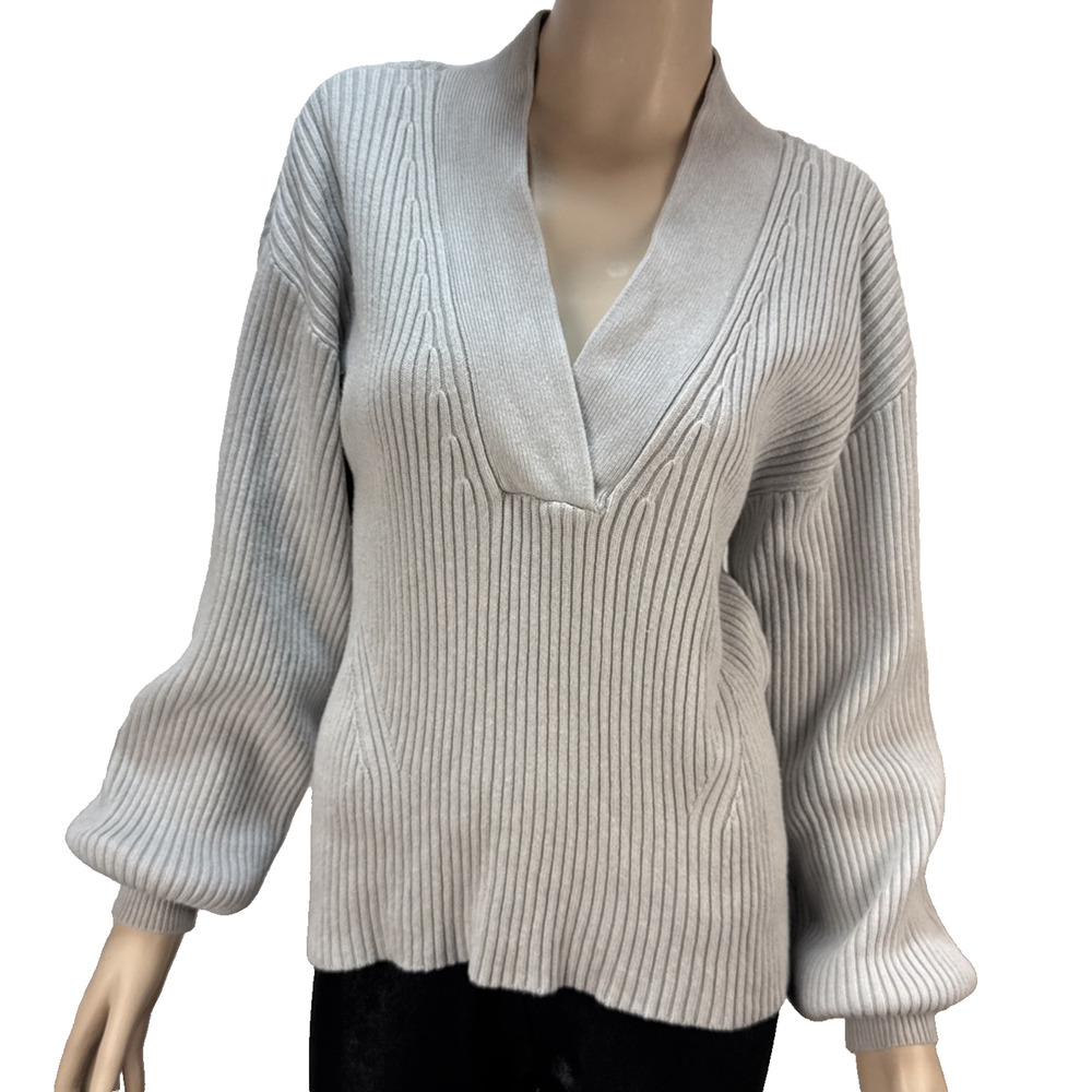 Marissa Webb Fritz‎ Ribbed Merino Wool V Neck Sweater Size S Gray Balloon Sleeve